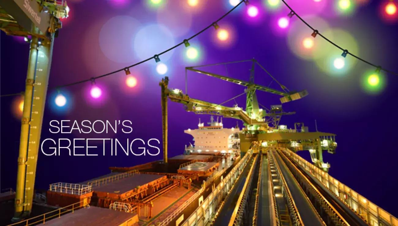 Season's Greetings from Siwertell with shipunloaders and christmas lights