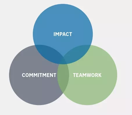 circles with words impact commitment teamwork in them