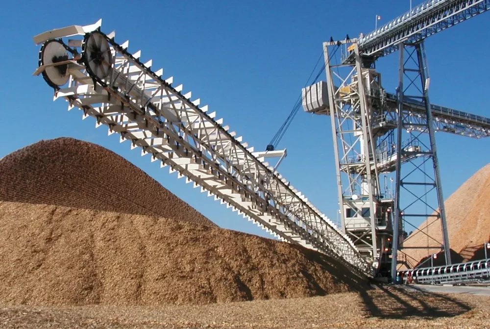 Stacker reclaimer with pile of wood chips