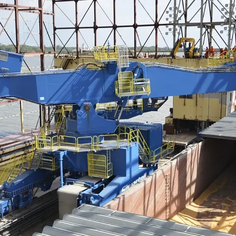 Blue Siwertell Ship unloader in operation