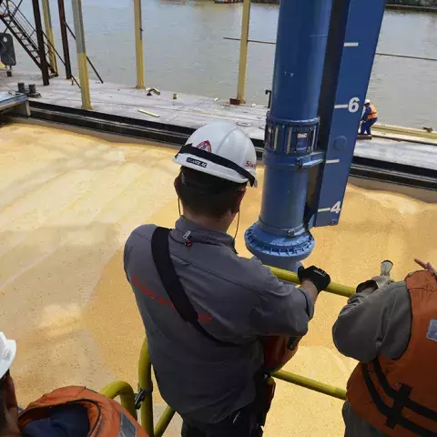 Blue Siwertell Ship unloader in operation