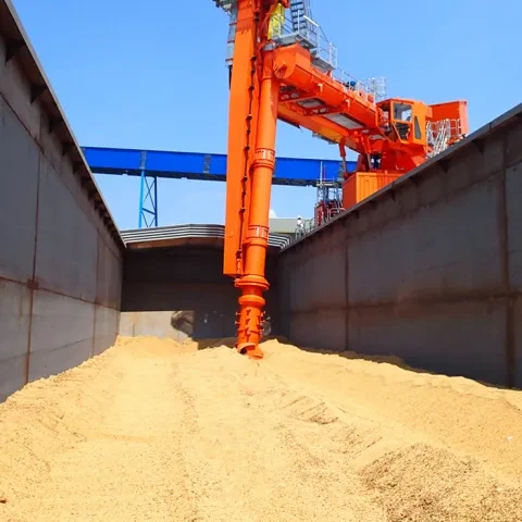 Orange Siwertell Ship unloader in operation