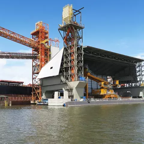 Orange Siwertell Ship unloader for grain, Brazil