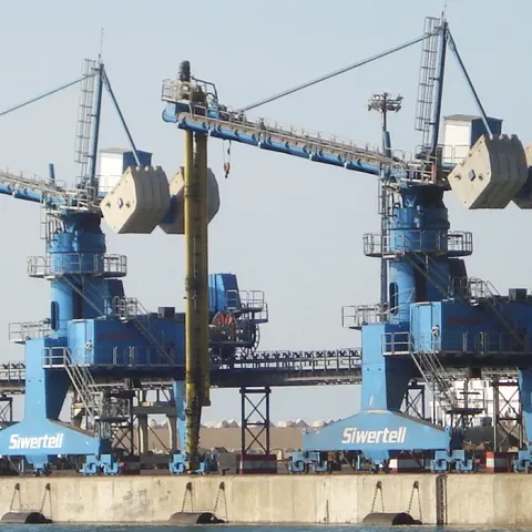 Blue Siwertell Ship unloader for grain, Morocco