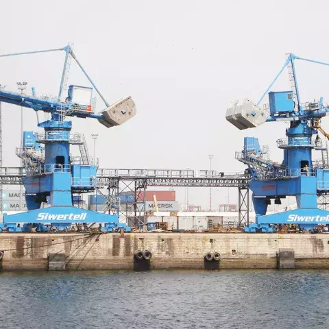 Blue Siwertell Ship unloader for grain, Morocco