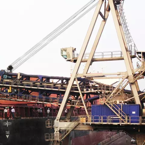 Blue Siwertell ship loader in operation