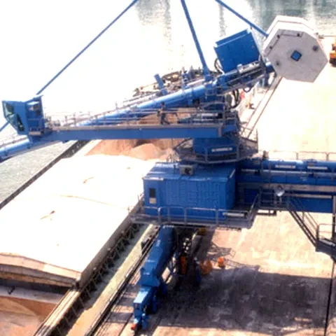 Blue Siwertell Ship unloader in operation