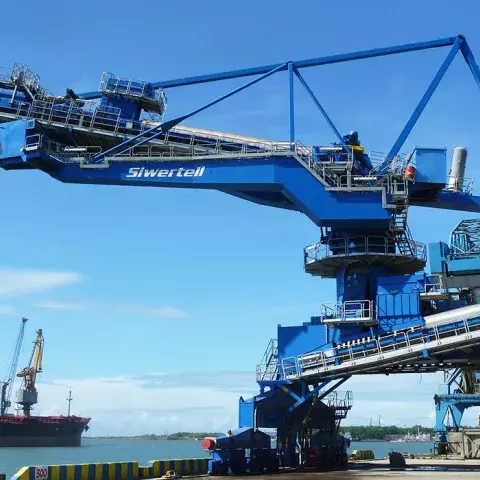 Blue Siwertell Ship unloader for sulphur and rock phosphate, India