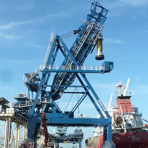 Blue Siwertell ship loader for coal, Slovenia
