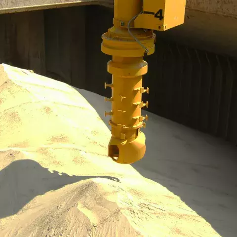 Yellow Siwertell Ship unloader for sulphur and fertiliser, Indonesia