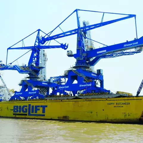 Blue Siwertell Ship unloader for coal, Morocco