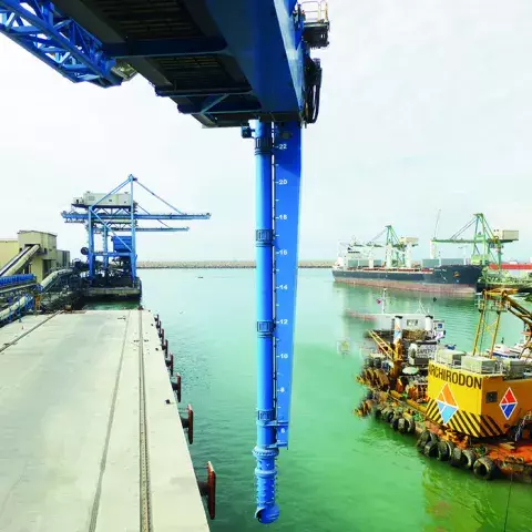 Blue Siwertell Ship unloader for coal, Morocco