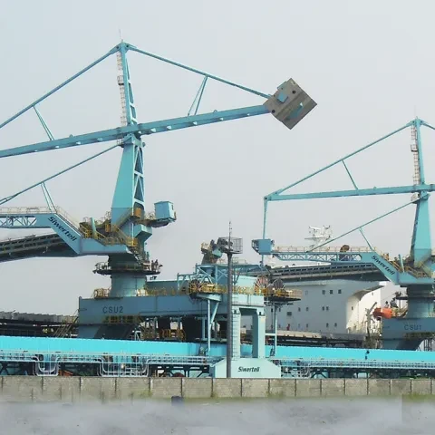 Blue Siwertell Ship unloader in operation