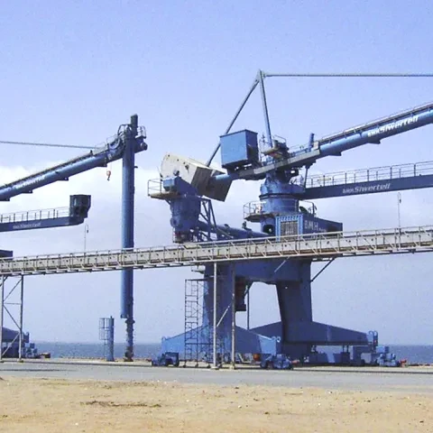 Blue Siwertell Ship unloader for grain, Yemen