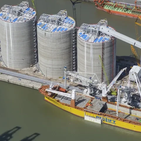 Two Siwertell ship unloaders at Gladstone dock, Liverpool, UK