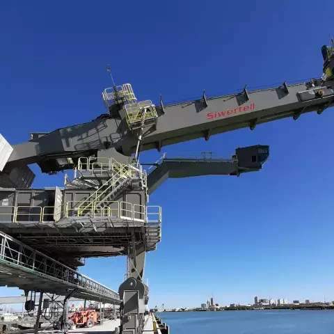 Siwertell ship unloader unloading cement at Corpus Christi, Texas, USA