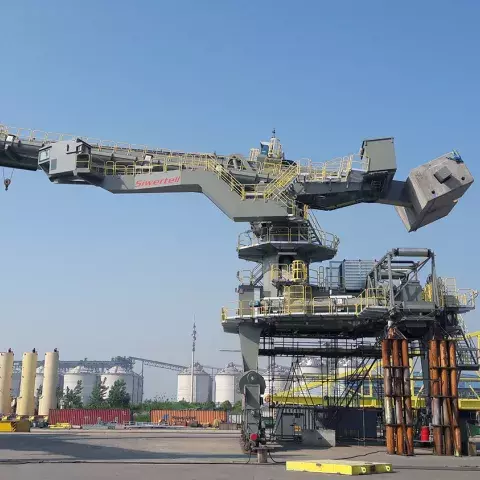 Siwertell ship unloader unloading cement at Corpus Christi, Texas, USA