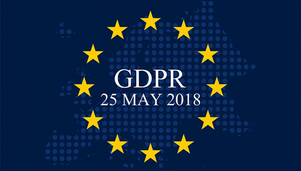 Dark blue box with circle of yellow stars and GDPR 25 May text