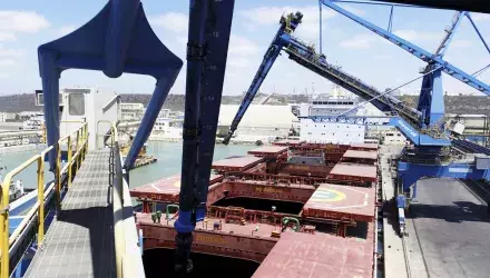 Siwertell ship unloader above a cargo hold and ready to unload