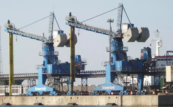 Blue Siwertell Ship unloader for grain, Morocco