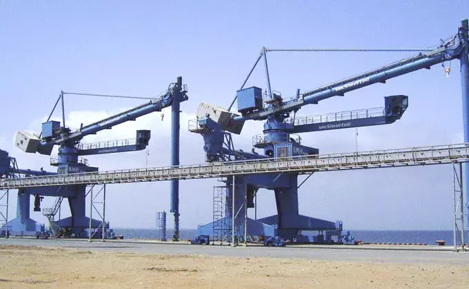Blue Siwertell Ship unloader for grain, Yemen