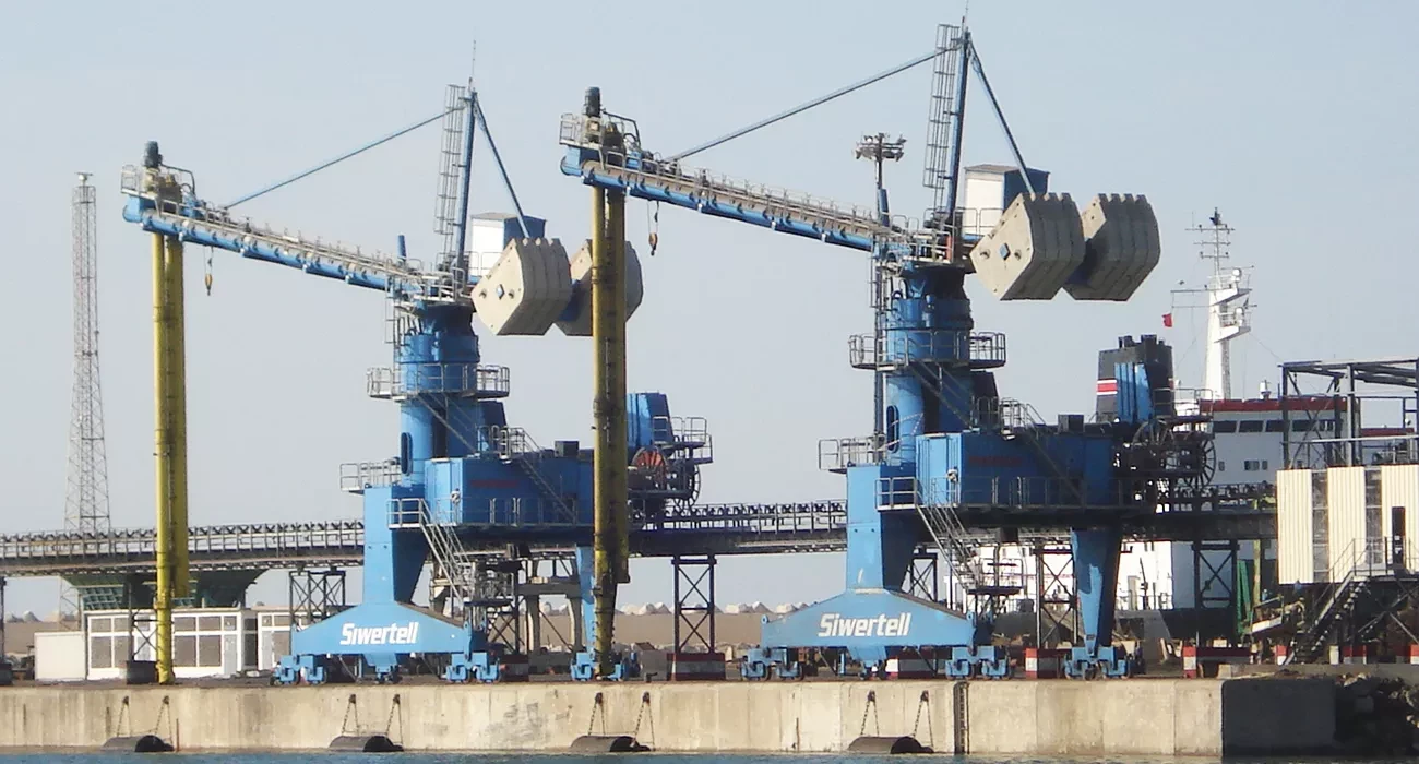 Blue Siwertell Ship unloader for grain, Morocco